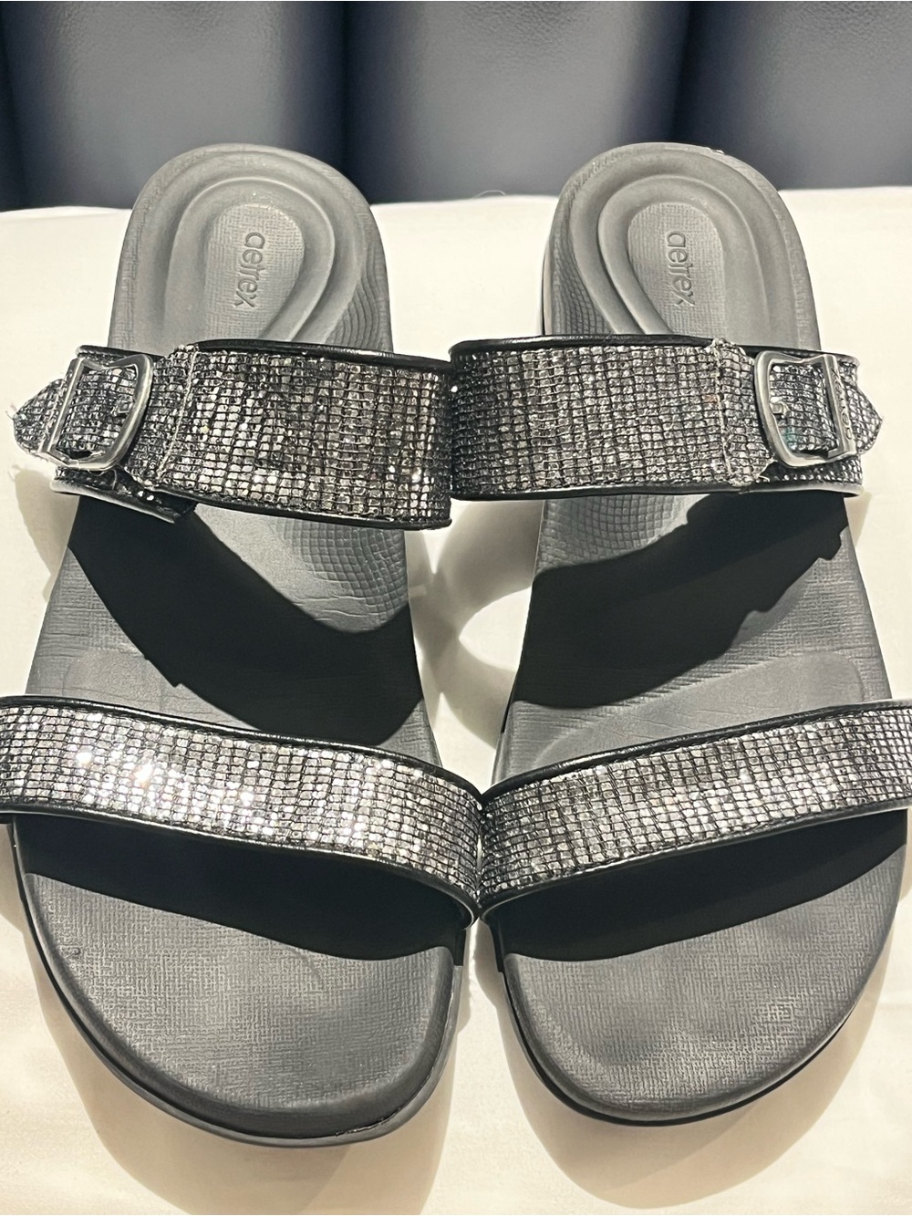 Aetrex Black Sparkle Adjustable Slide Sandals for Women